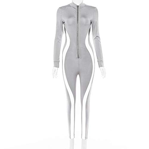iYBUIA Women Yoga Fitness Motion Workout Reflective Patchwork Long Sleeve Tight Jumpsuit Zipper Slim S-L Gray - Thumbnail 5