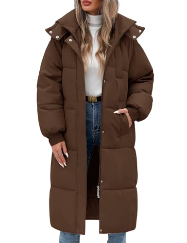 Vancavoo Wintermäntel Damen Lang Steppmantel Winter Daunenmantel Warm Jacke Mantel Daunenjacke Steppjacke mit Kapuze und Reißverschluss,Kaffee,L