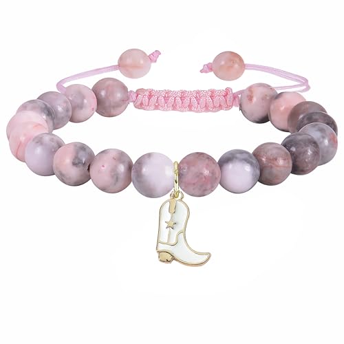 Cowgirl Boot Natural Stone Bracelet, Energy Stone Beads Adjustable Bracelet Western Jewelry Gifts for women
