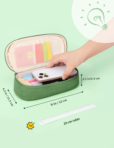Image of SUNEE Cute Pencil Case, Large Pencil Pouch, Soft Corduroy Fabric Big Pencil Bag with Zipper, Kawaii Pen Bag Stationery Storage and Organizer, School Supplies for Teen, Student, Boys, Girls, Soft Green