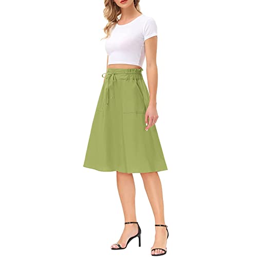Women's A-Line Skirt for Summer,Knee Length Skirts Solid Color Casual Style Half Dress Stretchy Elasticated Waist High Waisted Midi Skirt with Drawstring Spring Summer Holiday (Green, M) - Image 2