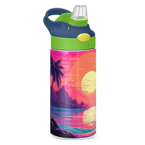 Sunset Beach - Botella de agua para niños de 12 onzas con pajilla, sin BPA, de acero inoxidable, aislada al vacío, a prueba de fugas, con asa, para niños y niñas