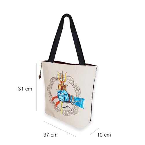 Image of Hand-Printed Tote Bag with Classical Design-Reusable, Zipper Closure For Women & Girls