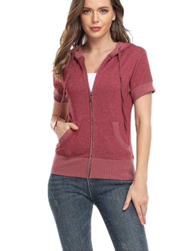 MISS MOLY Sudadera de Manga Corta con Capucha y Cremallera Completa de algodón Fino, Ajustada, con Bolsillo, para Mujer - Naranja - Large(44-46)