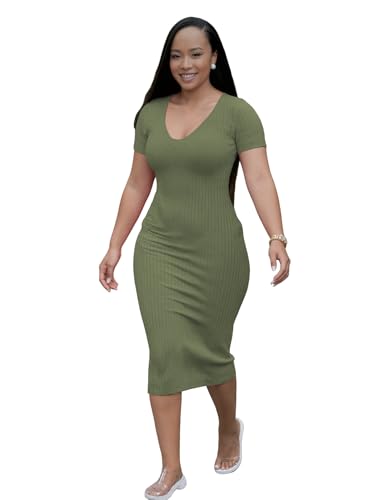 Image of TOPSRANI Women Sexy Midi Dress Bodycon Casual Sleeveless Basic Ruched Tank Summer Club Party Dresses