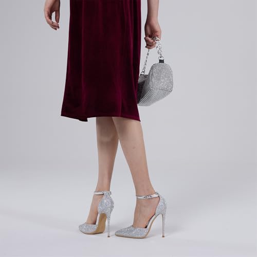 Image of Elisabet Tang 4 Inch Stiletto with Ankle Strap D'Orsay Pumps | Features sparkly rhinestone, pointed toe,secure ankle strap design, perfect for prom, wedding, party