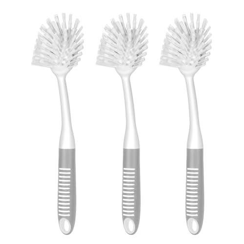 Image of SetSail Dish Brush with Handle, 3 Pack Stiff Bristles Dish Scrubber with Built-in Scraper Dish Scrub Brushes for Cleaning Dishes, Pots and Pans, Kitchen Sink, 3 Pack, Grey White