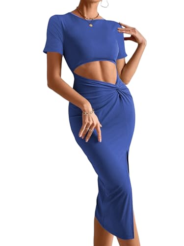 Image of Rooscier Women's Twist Cutout Waist Split Crewneck Short Sleeve Bodycon Midi Dress
