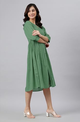 Image of Janasya Women's Cotton Solid Flared Dress