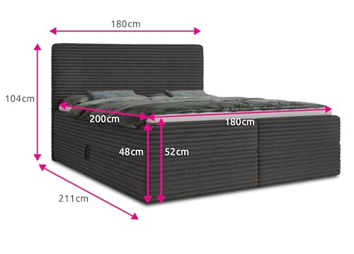 Boxspringbett Mollo mit 2 Bettkästen, Doppelbett mit Bonell-Matratze und Topper, Polsterbett in weichem Cordstoff, Bett, Bettgestell für Schlafzimmer (Beige (Tilia 03), 180 x 200 cm) – Bild 4