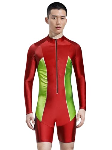 easyforever Men's Color Block Long Sleeve Boyleg Swimsuit Front Zipper One Piece Bathing Suits2
