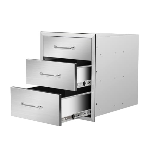 Image of Outdoor Kitchen Drawers 18 inch W x 21 inch H x 21 inch D Flush Mount Triple BBQ Drawers with Chrome Handle Stainless Steel Drawer for Outdoor Kitchen Island, Patio Grill Station