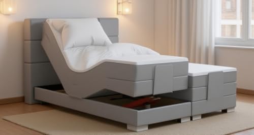 Boxspringbett ROM II elektrisch verstellbar 200x200 cm Grau. Inkl. Kopfteilsteppung nach Wahl. Doppelunterfederung inkl. Matratzen und Topper. Härtegrad nach Wahl (Hellgrau, 200x200) Boxspringbett ROM II elektrisch verstellbar 200x200 cm Grau. Inkl. Kopfteilsteppung nach Wahl. Doppelunterfederung inkl. Matratzen und Topper. Härtegrad nach Wahl (Hellgrau, 200x200)
