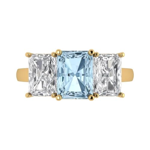 4 tcw Emerald Cut Engagement Ring for Women, 14K Solid Gold, Yellow Gold, Three-Stone Natural Aquamarine Bridal Anniversary Promise Ring