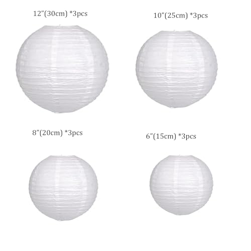 White Chinese Paper Lanterns 12pcs Assorted Sizes (6" 8" 10" 12" Inch), Paper Lanterns Decorative for Party Decorations, Hanging Round Paper Lanterns