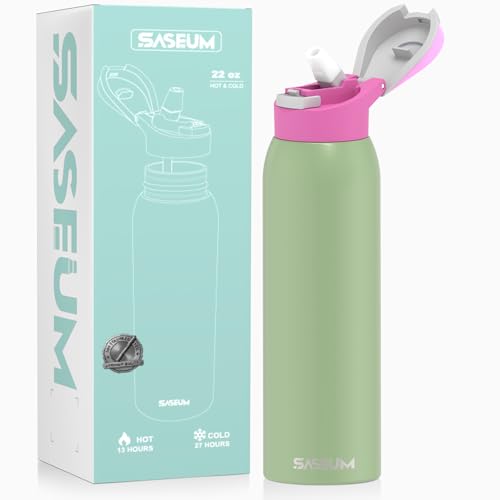 Saseum Water Bottle with Straw, 24 oz Free-Sip Double-Wall Vacuum Insulated Stainless Steel Bottle, One-Click Open Design with Soft Silicone Spout, BPA-Free, Ideal for School, Sports & Travel