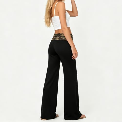 Image of Lounge Yoga Pants for Women Fold Over Low Waist Wide Leg Bell Bottoms | Y2K Foldover Pants, Flare Leggings, Low Rise Yoga Sweatpants