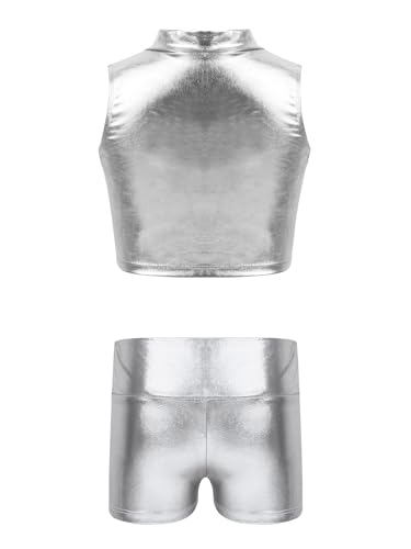 Kids Girls 2pcs Shiny Metallic Gymnastics Dance Tracksuit Sleeveless Mock Neck Crop Top Vest And Boy Shorts Set Silver 16 Years2