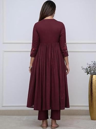 Image of Premium Cotton Embroidered Anarkali Suit Set for Women with Dupatta, Floral Embroidery, 3 Piece Set, Soft and Comfortable