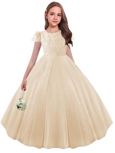Lace Applique Flower Girl Dresses with Satin Bow Cap Sleeve Sparkly Tulle Ball Gown for Wedding Party