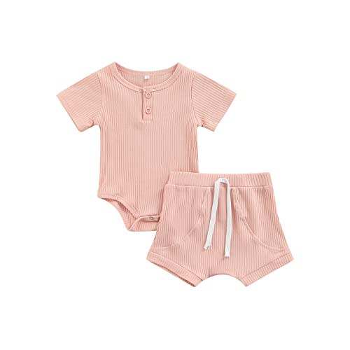 Image of Lamuusaa Newborn Baby Girls Boys Outfits Short Sleeve Romper Ribbed Bodysuit Drawstring Shorts Bottoms Summer Clothes