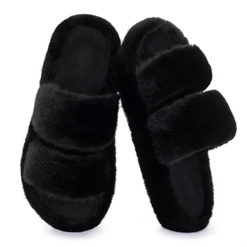 RockDove Women’s Pluffie Chic Open Toe Faux Fur Slippers with Memory Foam Cozy House Shoes for Indoor Outdoor Wear