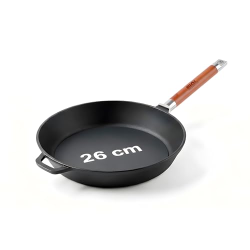 BIOL Gusseisenpfanne 26 cm mit Abnehmbarer Ergonomischen Holzgriff - 6,6 cm hoch, Bratpfanne Gusseisen Induktion und Backofen, Ofenfeste Gusspfanne für Grill, Langlebig Schmorpfanne