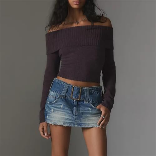 Image of Women Off The Shoulder Sweater Y2k Long Sleeve Boat Neck Knit Cropped Pullover Tops Fall Trendy Going Out Streetwear