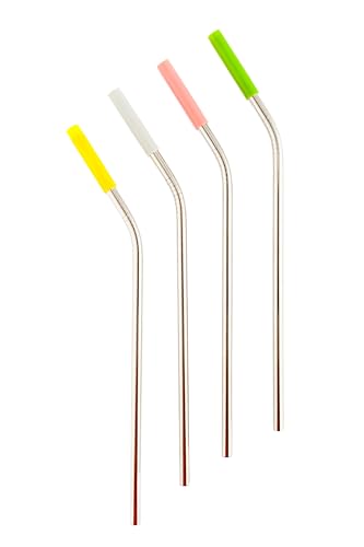 Pajitas Reutilizables Acero Inoxidable (Pack 4) con Cepillo – Pajitas Metálicas Ecológicas, Lavables, Sin BPA – 21,5 cm x 6 mm - Curvadas con marcadores de silicona