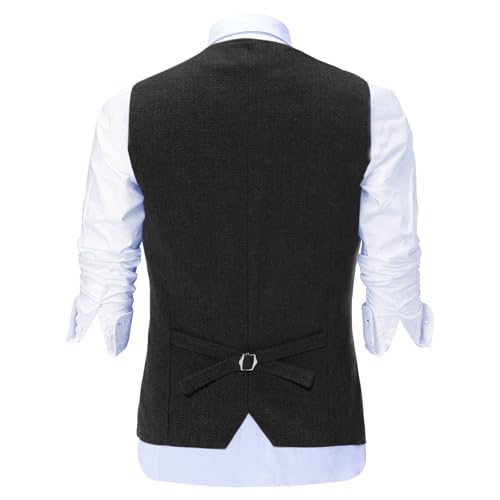 Solovedress Herren Casual Wolle Fischgrätmuster Anzug Weste V-Ausschnitt Tweed Weste für Hochzeit Groomsmen(Schwarz.XL)