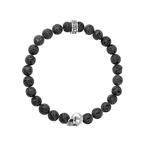 King Baby .925 Sterling Silver & 8Mm Unisex Black Lava Rock Stretch Bracelet With Dimensional Skull Bead - 7-1/2" #TOP4
