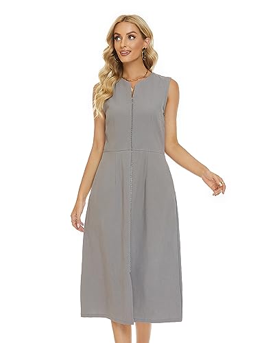 Image of Ladyful Women's Sleeveless Cotton Linen Midi Dress V Neck A Line Tank Dress