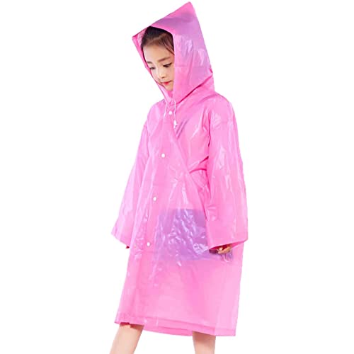 Raincoat For Kids, Waterproof Rain Poncho, Clear Rainwear with Hood and Button, Clear EVA Rain Coat Suit, Reusable Toddler Rain Jacket Cape For Boys Girls Children Outdoor Hiking Camping(Rose Red)