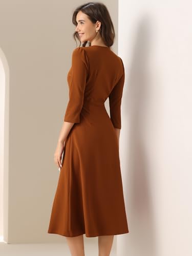 Image of Allegra K Womens 3 /4 Sleeve A-Line Business Work Formal Midi Dress | Elegant Dresses with Pockets, V Neck, Cockatail Party Church Funeral Outfits, Spring Fall Winter