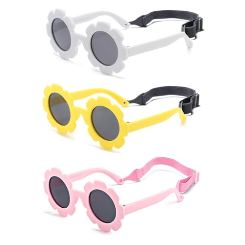 Image of Baby flower sunglasses with strap Girls Flexible Bendable Polarized Sunglasses for Newborn Girls Age 0-24 Months