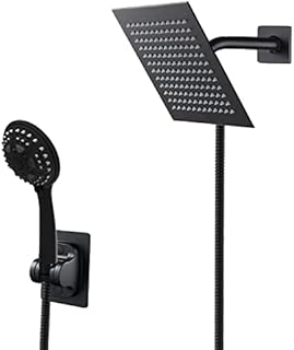 JORUIS Metal High Pressure Rainfall Shower head with 8 Spray Handheld,Metal Hose,Additional Adhesive bracket for Child, Improvement for High Pressure with Low Water Pressure(Square, Matte Black)