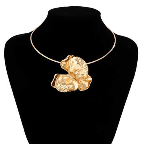Chunky Gold Flower Necklace for Women,Large Flower Trendy Pearl Pendant Choker Dainty Gold Statement Flora Collar Necklace Wedding Bridal Brithday Party Necklace Jewelry3