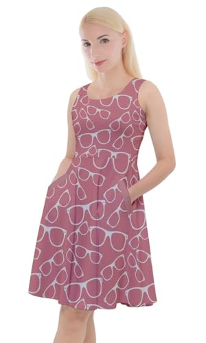 CowCow Womens Knee Length Skater Dress with Pockets Glasses Retro Sunglasses Sleeveless Skater Dress, XS-5XL