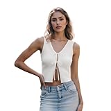 Women Y2k Crochet Vest Top Vintage Solid Color V Neck Sleeveless Front Tie Tops Going Out Tops (Front Tie White, S)