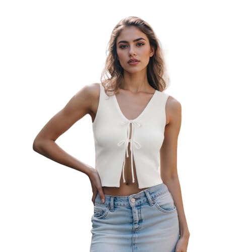 Women Y2k Crochet Vest Top Vintage Solid Color V Neck Sleeveless Front Tie Tops Going Out Tops (Front Tie White, S)