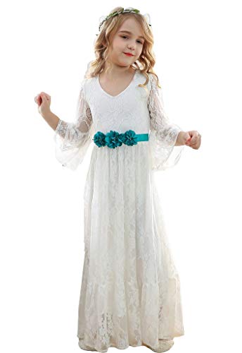 Bow Dream Vintage Boho Lace Flower Girl Dress for Wedding Long Sleeves Pageant First Communion 2T to 12 Years Old