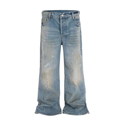 Men’s Splashing Paint Washed Vintage Blue Baggy Jeans, Straight Streetwear Loose Fit Denim Trousers