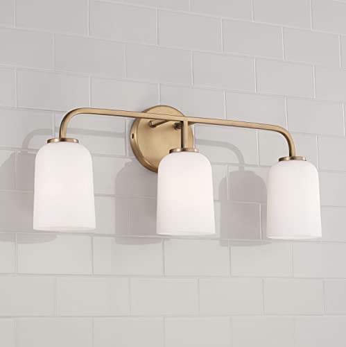 Image of HomePlace Lighting 148831AD-542 Lawson Transitional Soft White Glass Bell Vanity Light for Bathroom, 3-Light 300 Total Watts, 10 inch H x 24 inch W, Brass