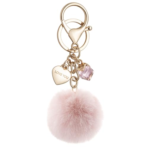 Fashion Keychain for Women, Cute Heart Bling Key Chain Accessories Pom Pom for Backpack