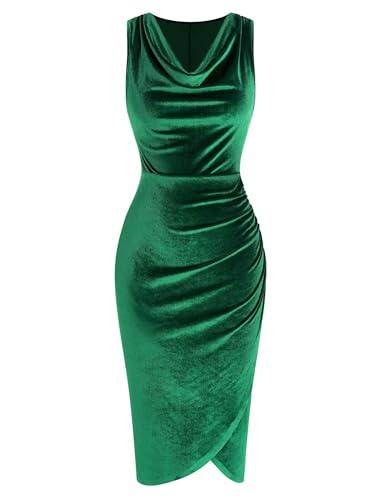 ZAFUL Wedding Guest Dress for Women Cowl Neck Sleeveless Ruched Bodycon Side Slit Dress Elegant Velvet Midi Cocktail Party Dresses(Dark Green,M)