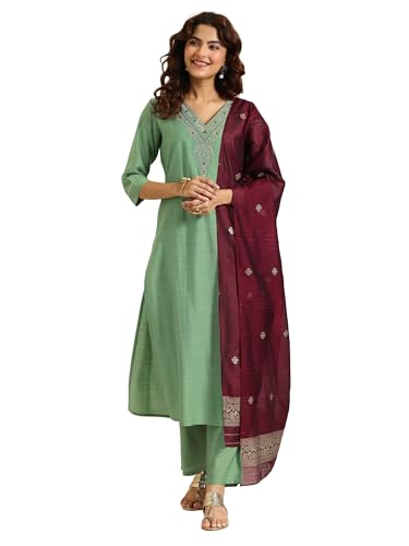 Image of Libas Green Yoke Design Silk blend Straight Kurta set for Women | daily wear suit