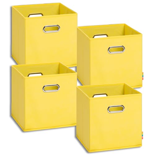 Storanda | 4er Set Aufbewahrungsbox 28x28x28 cm | Beiseitig Breite Griffe | Stabil & Faltbar | Regalbox für Würfelregal | Gelb