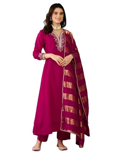 Image of Naixa Women's Vichitra Silk Embroidered Straight Kurta with Pant And Dupatta Sets (NX-823)