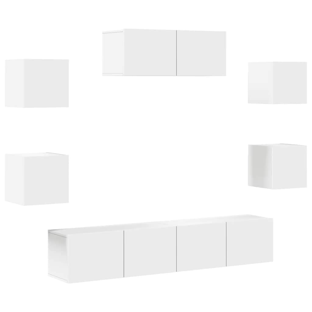 7-TLG. TV-Schrank-Set Weiß, Holzwerkstoff, Wandmontage, Modernes Media-Center für Wohnzimmer und Schlafzimmer, Viel Stauraum