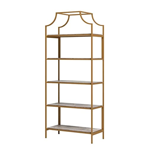 Deco Stone Elegant Gorgeous Looking Book Shelf Organizer 70.88\'\' H X 30\'\' W X 14.5\'\' D Size, Open Back Panel Vertical Orientation 5 Shelf Tiers Sturdy Metal Frame | Pretty Gold Shade, Clear Glass